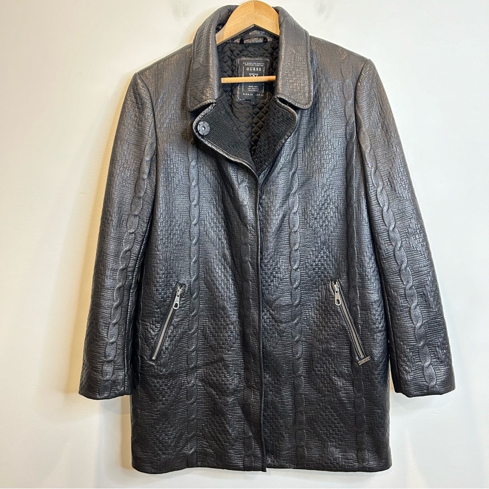 Guess Vegan Faux Leather Black Mid-Length Coat Jacket Trench